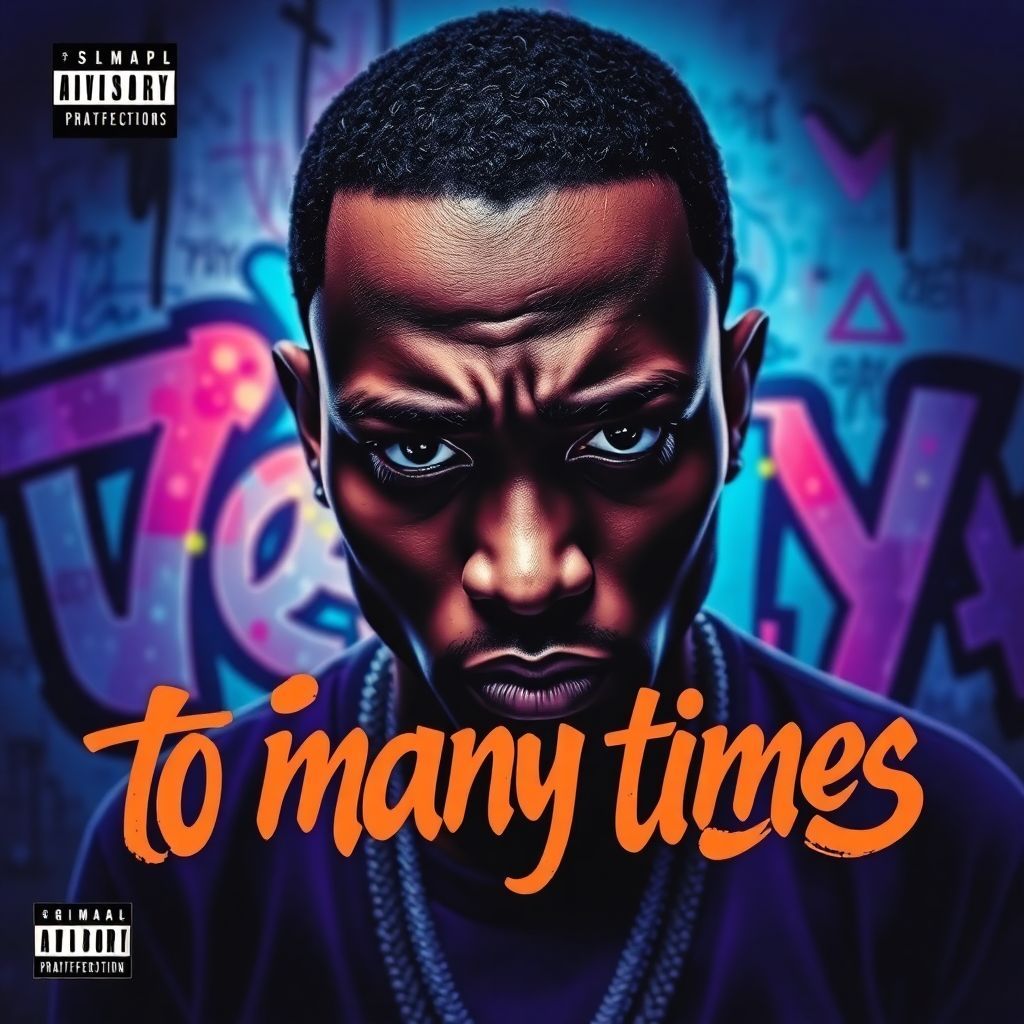 Rap AI Album Cover — A vibrant, dynamic music album cover for the rap song titled "To Many Times"; featuring a close-up of a distressed figure with a solemn expression, graffiti art style background, moody lighting with neon highlights, color palette of blues and purples, highly detailed, professional quality, evoking feelings of repetition and reflection.