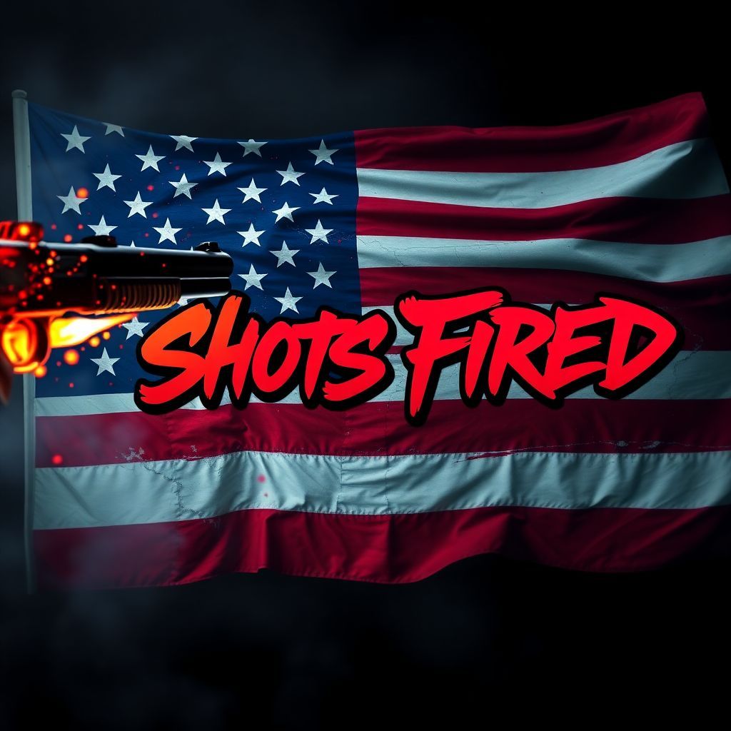 Rap AI Album Cover — A dramatic album cover showcasing a shotgun firing towards a distressed American flag, with vivid splashes of color; bold graffiti-style fonts featuring the title "Shots Fired" integrated into the flag design; moody low lighting and sharp contrasts, highly detailed, 8k resolution, urban rap aesthetic, dynamic and powerful atmosphere.