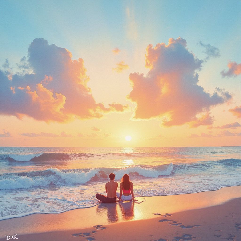 R&B AI Album Cover — A serene album cover featuring a couple sitting on a fading sunset beach, one figure fading into an abstract watercolor illustration; soft pastel colors blending into the ocean, ethereal lighting creating a nostalgic atmosphere, highly detailed, 8k resolution, capturing themes of love and parting.