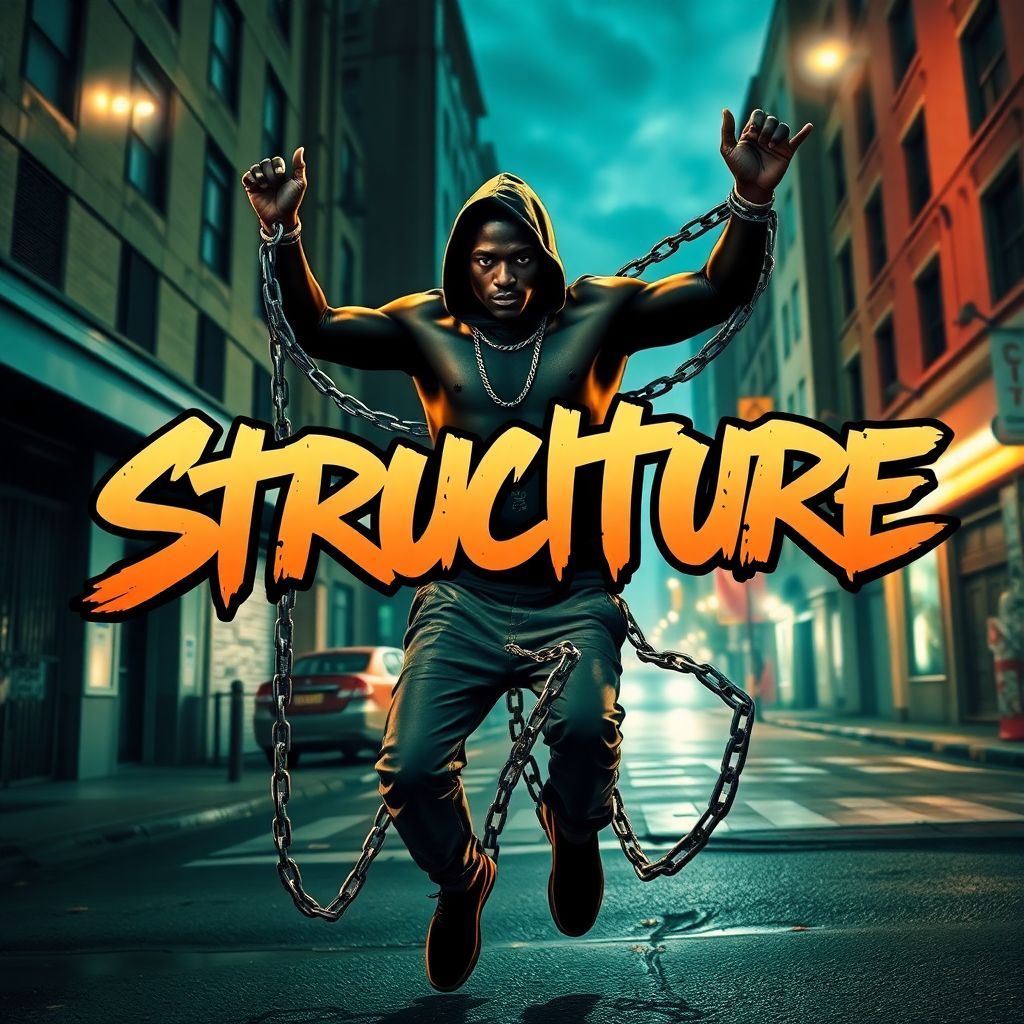Hip-Hop AI Album Cover — A dynamic hip-hop album cover featuring a figure breaking free from tangled chains, incorporating the title "Structure" in bold graffiti-style lettering; vibrant colors with an urban city backdrop, moody street lighting, highly detailed, 8k resolution, capturing liberation and energy.