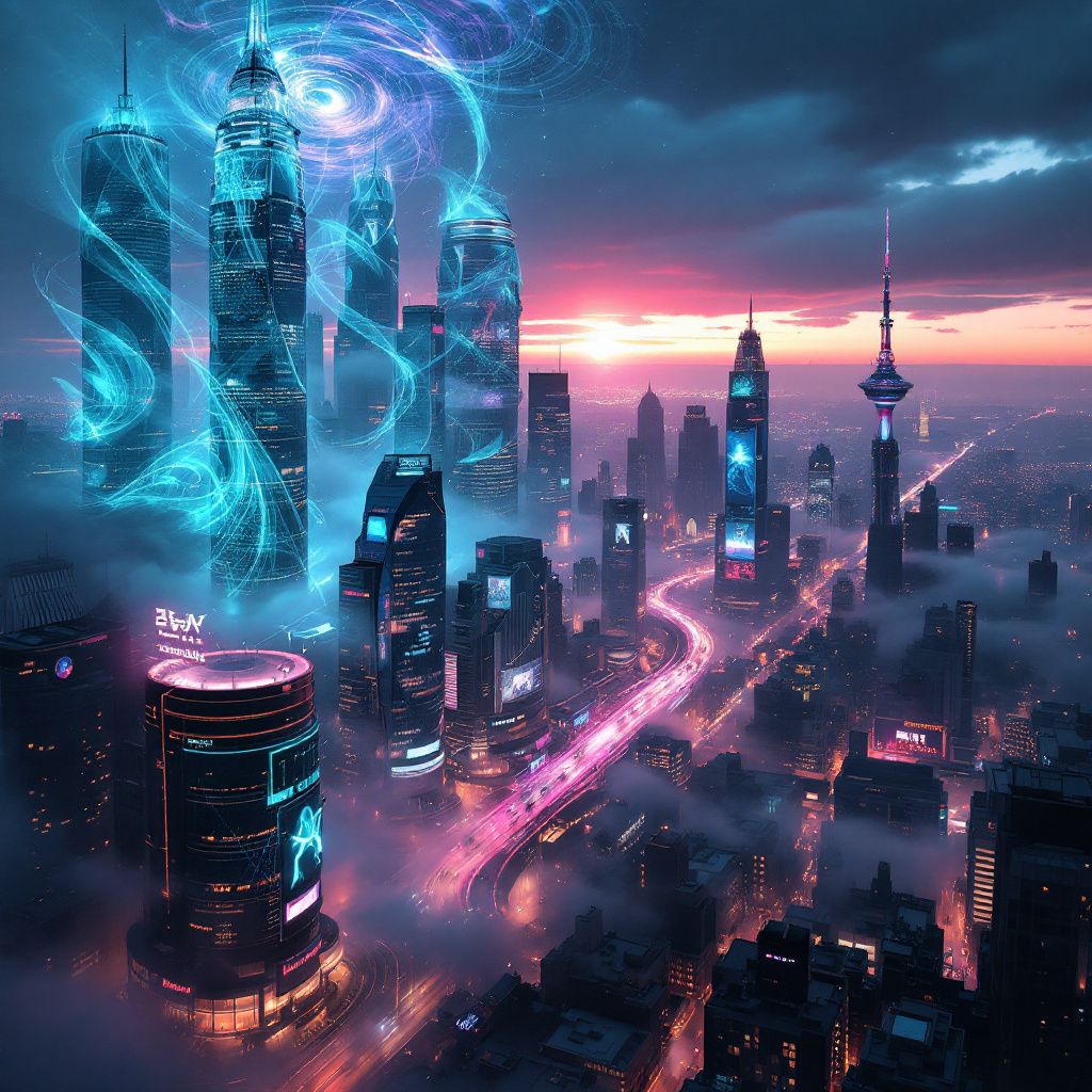 Synth-Pop AI Album Cover — A vibrant neon cityscape at night, synthwave style, with glowing holographic projections, cinematic atmosphere, in shades of blue and pink, highly detailed, 8k resolution