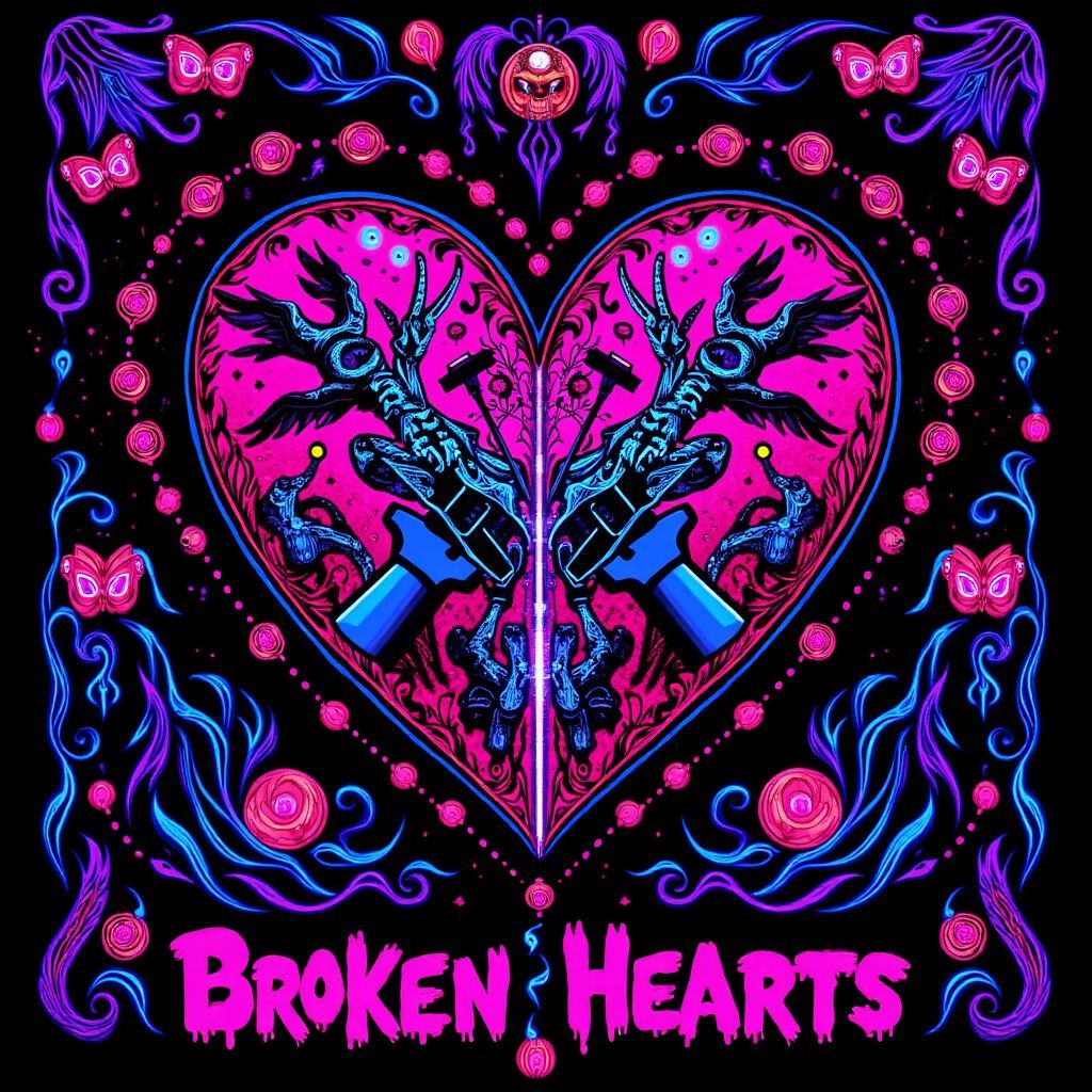 Afrobeat AI Album Cover — A vibrant black light album cover for an afrobeat song titled 'Broken Hearts'; featuring a surreal depiction of a heart split in two with glowing colors, expressive guitar imagery intertwined, cosmic backgrounds, psychedelic patterns, ethereal lighting effects, highly detailed, 8k resolution, emotional and energetic atmosphere