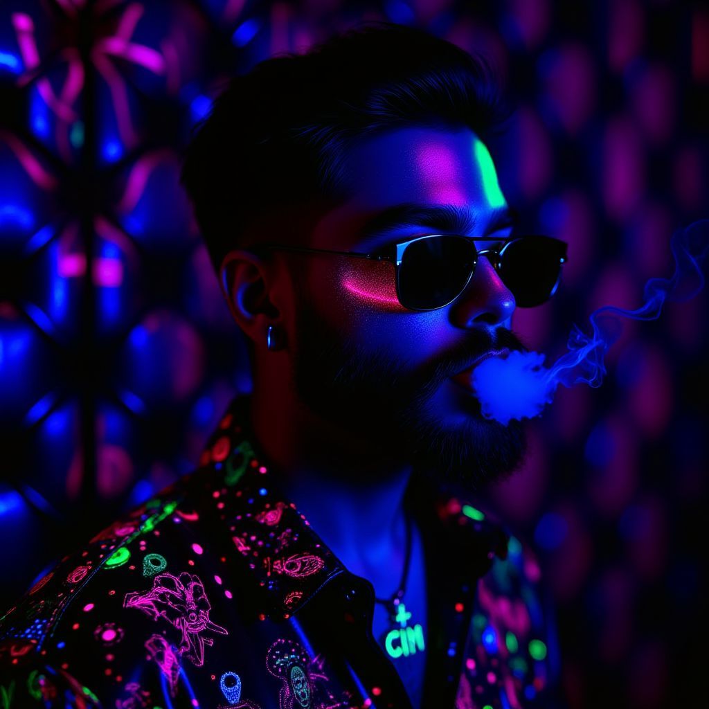 Trap AI Album Cover — A side profile of a man wearing sunglasses, exhaling smoke against a black leather backdrop; black light illustration with neon accents, surreal and vibrant colors, moody atmosphere, highly detailed, immersive shadows, 8k resolution, perfect for trap genre.