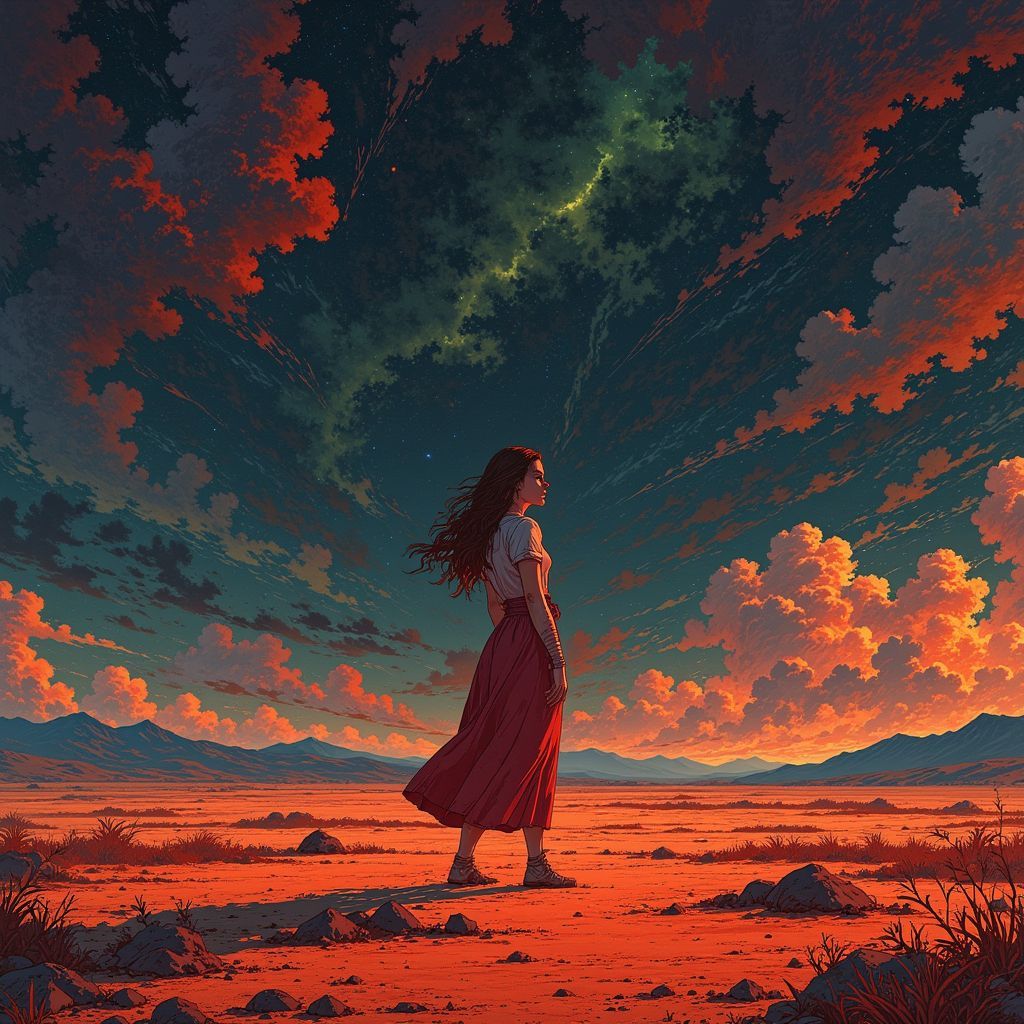 Alternative AI Album Cover — A surreal illustration of a woman with apocalyptic features, standing amidst a desolate landscape, stormy skies above; vibrant colors contrast with dark hues, ethereal lighting casting long shadows, exploring themes of birth and transformation, highly detailed, captivating atmosphere