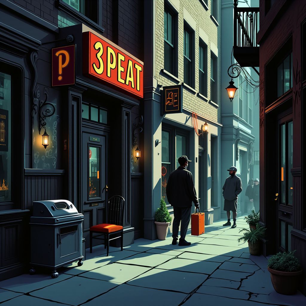 Rap AI Album Cover — A graphic novel style album cover illustration featuring clean line art and smooth shading, neutral-toned walls with a bold '3PEAT' sign and subtitle 'Soul Collective'; soft, moody lighting creates dramatic shadows, a quiet urban alley visible through glass, minimalist composition, muted neutrals with slight contrast, highly detailed, cinematic feel, polished and professional