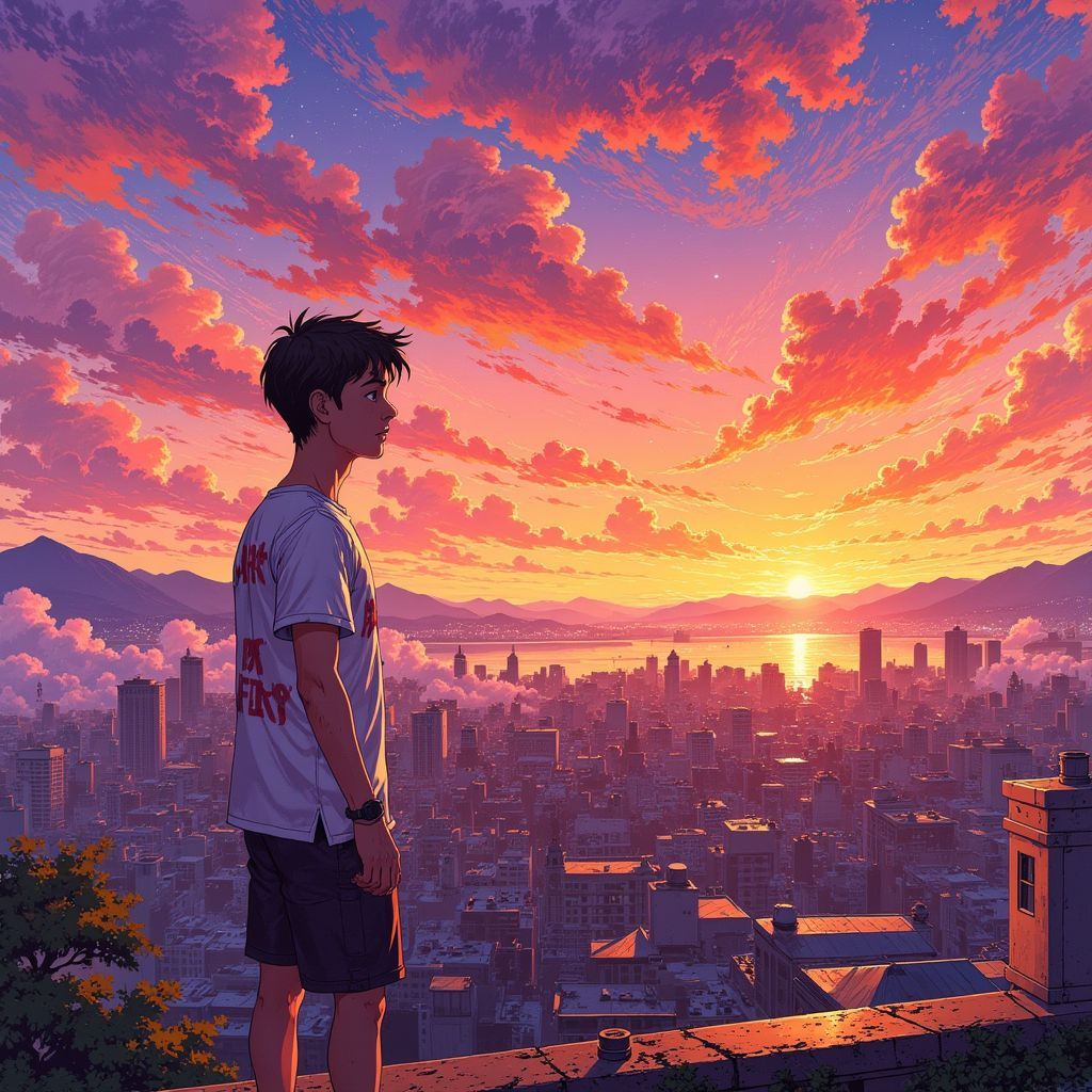 House AI Album Cover — A beautifully illustrated album cover featuring a young man standing confidently on a vibrant city rooftop at sunset, soft rays illuminating his determined expression, surrounded by abstract shapes symbolizing dreams and aspirations; in the ethereal Ghibsky style, warm color palette with pinks and oranges, highly detailed, 8k resolution, moody and hopeful atmosphere.