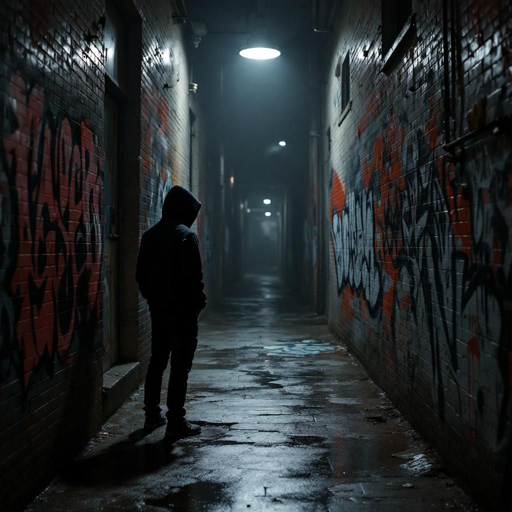 Hip-Hop AI Album Cover — A moody album cover for 'Real Spill', featuring a lone figure standing in an urban alley, graffiti walls reflecting the struggle of inner peace; dark and gritty colors with sharp contrasts, ambient lighting creating a somber atmosphere, highly detailed and photorealistic, 8k resolution