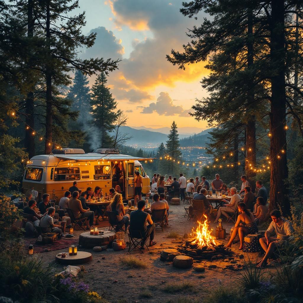 Country AI Album Cover — A nostalgic tailgate scene under a starlit sky, friends laughing around a pickup truck with neon lights casting vibrant colors, warm glow of a campfire; country-inspired aesthetics, dreamy atmosphere, highly detailed, 8k resolution, creating a feeling of freedom and joy