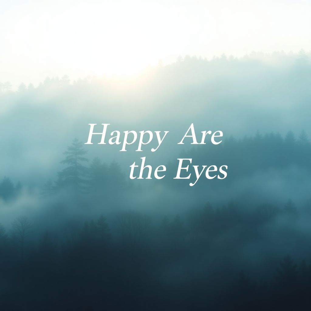 Gospel AI Album Cover — A calming, ethereal album cover featuring a serene landscape with soft blue and green hues; a misty forest under gentle sunlight, the text 'Happy Are The Eyes' beautifully integrated into the scene with elegant serif font, highly detailed textures, soothing atmosphere, 8k resolution