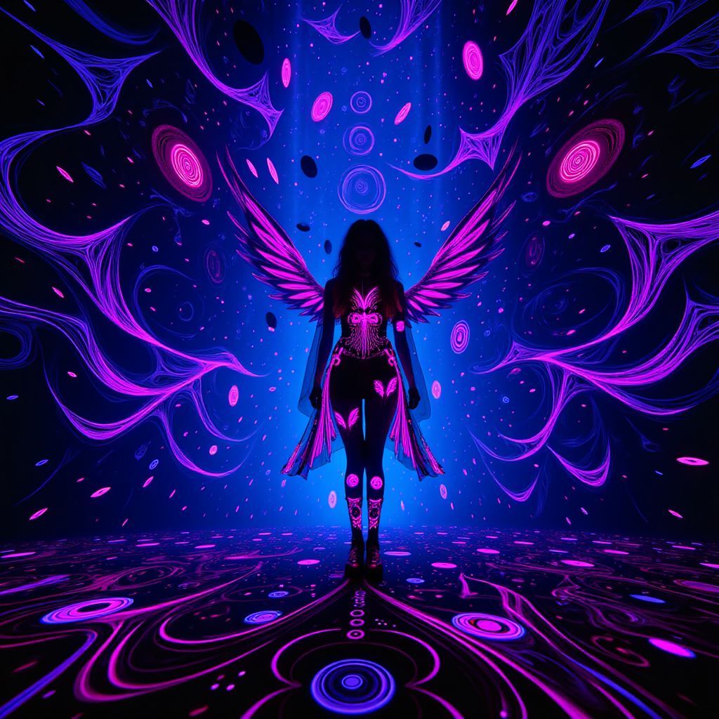 Soundtrack AI Album Cover — A captivating black light illustration for 'Seeker Of Sound', featuring a surreal figure surrounded by floating sound waves and mystical musical notes; psychedelic colors of deep blues, purples, and pinks illuminate the scene; highly detailed, ethereal atmosphere, 8k resolution, emphasizing the exploration theme of the soundtrack.