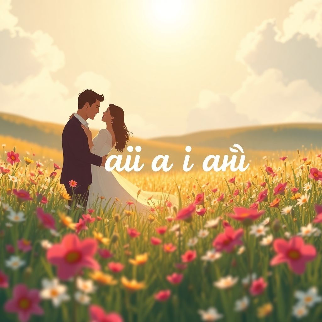 Folk AI Album Cover — A whimsical illustration showcasing a sunlit field with flowers, a silhouette of a couple embracing; the title "Στη γη την ξένη" in flowing typography among the flowers, soft pastel colors, romantic and vibrant, highly detailed, cinematic ambiance, 8k quality