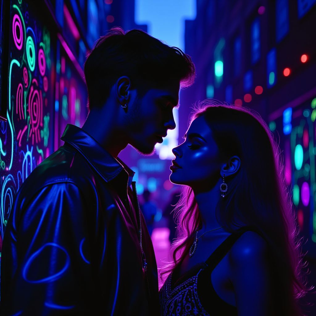 Hip-Hop AI Album Cover — A melancholic hip-hop album cover featuring a split scene of a man and woman facing away from each other in an urban setting; black light illustration with deep blues and purples, reflecting the sadness of a breakup; highly detailed, photorealistic style with emotional expressions, dramatic lighting, 8k resolution