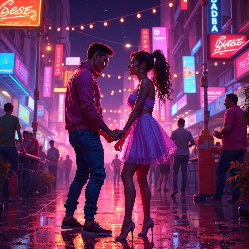 Reggaeton AI Album Cover — A vibrant reggaeton album cover for 'WAINA', featuring a dynamic silhouette of a couple dancing passionately, surrounded by glowing neon lights in a lively urban setting; bright color palette with pinks, blues, and yellows, a dreamy atmosphere with ethereal lighting effects; highly detailed and photorealistic, 8k resolution