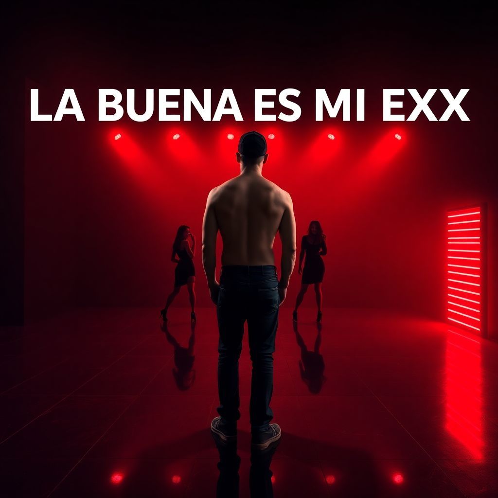 Trap AI Album Cover — A striking album cover featuring a man seen from behind, shirtless with a black cap and dark jeans, standing in a dark room illuminated by vibrant red lights; reflective floor surfaces and silhouettes of four dancing women around him; the text 'LA BUENA ES MI EXX' centered at the top, high contrast and sleek modern aesthetic, 8k resolution, highly detailed and photorealistic