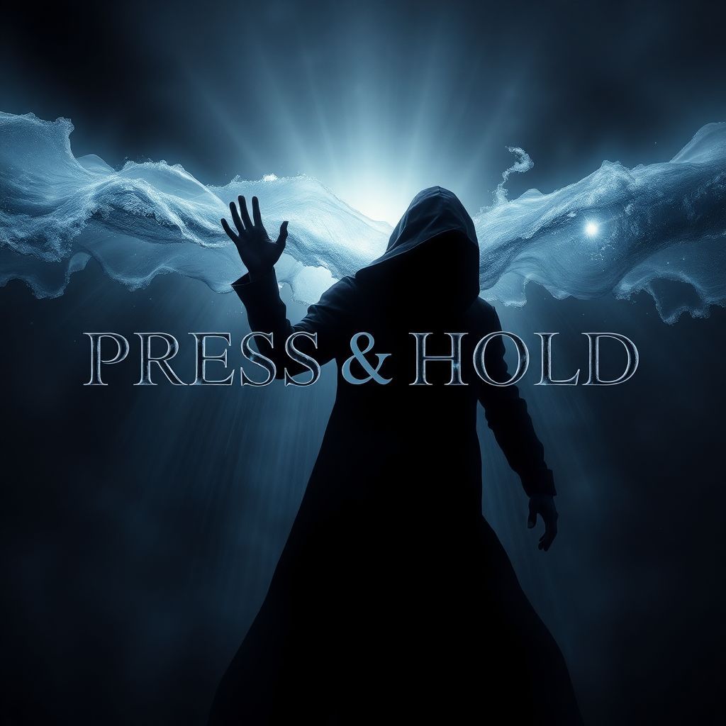 Metal AI Album Cover — A dark, moody metal album cover featuring an imposing, shadowed figure pressing against an ethereal wave, with the title "Press & Hold" integrated into the wave design; surreal lighting effects, deep blues and grays, with flashes of silver, highly detailed with a cinematic feel, 8K resolution