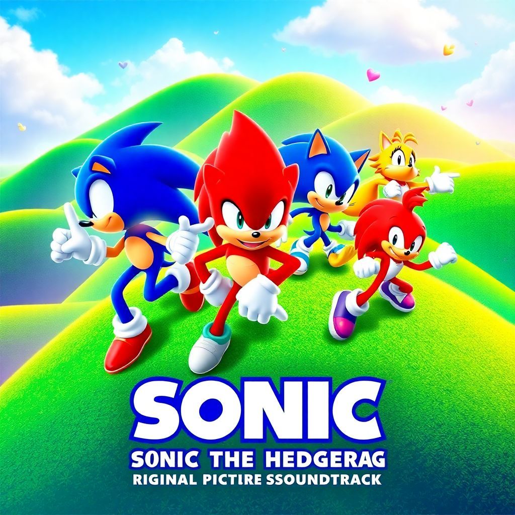 K-Pop AI Album Cover — A vibrant album cover featuring Sonic, Tails, Knuckles, and friends in Green Hills; energetic poses in a surreal and colorful landscape, blending K-pop style elements; bright colors, dynamic lighting, integrated title "Sonic The Hedgehog" in a bold, playful font, highly detailed, 8k resolution