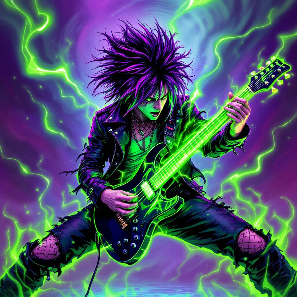 Punk AI Album Cover — Spiky-haired punk guitarist, energetic pose, motion blur, electric lighting, bold greens and purples, vibrant and surreal, highly detailed, professional quality