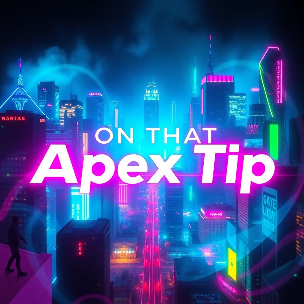 House AI Album Cover — A vibrant, abstract music album cover focusing on the title "On That Apex Tip" integrated into an energetic cityscape; dynamic shapes and neon colors, with a feel of movement and rhythm; ethereal lighting and a moody atmosphere; highly detailed, 8k resolution, perfect for house music.