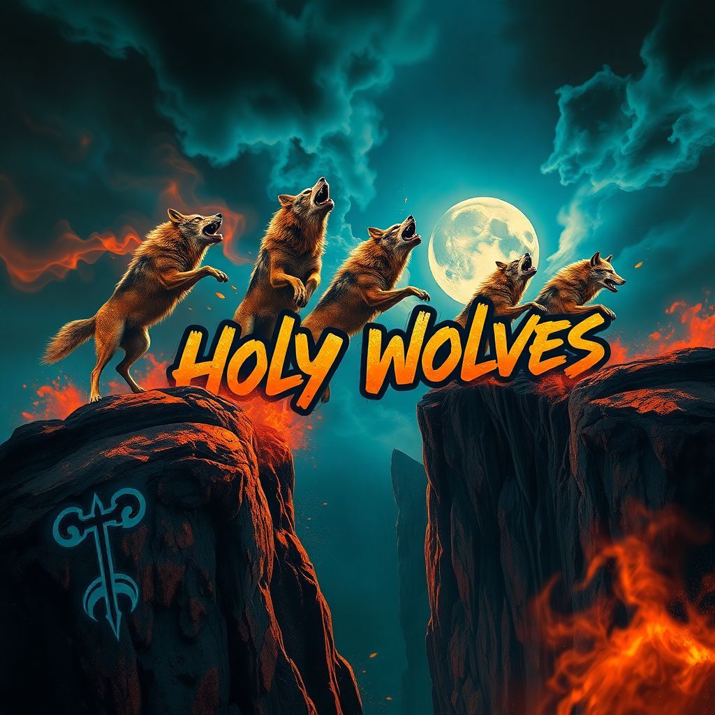 Punk AI Album Cover — A surreal punk music cover featuring wolves leaping off cliffs, titled "Holy Wolves" in bold graffiti style. Vibrant and moody color palette; oranges, blacks, and deep blues. Dynamic, with dramatic lighting and intense atmospheric effects. Highly detailed, 8K resolution, with a mix of photorealistic and abstract elements. Cover evokes a sense of rebellion and freedom.