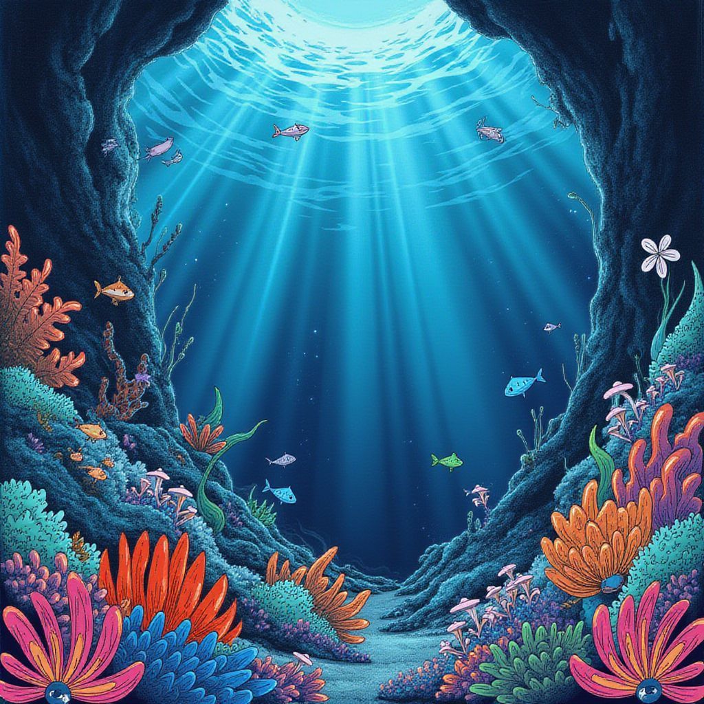 House AI Album Cover — A half-illustrated album cover depicting an ethereal underwater scene with swirling bass waves, intricate hand-drawn sea creatures, and vibrant coral reefs; surreal lighting effects casting a warm glow, blending realistic textures with illustrated elements, dreamy blues and warm oranges, highly detailed, atmospheric mood, 8k resolution