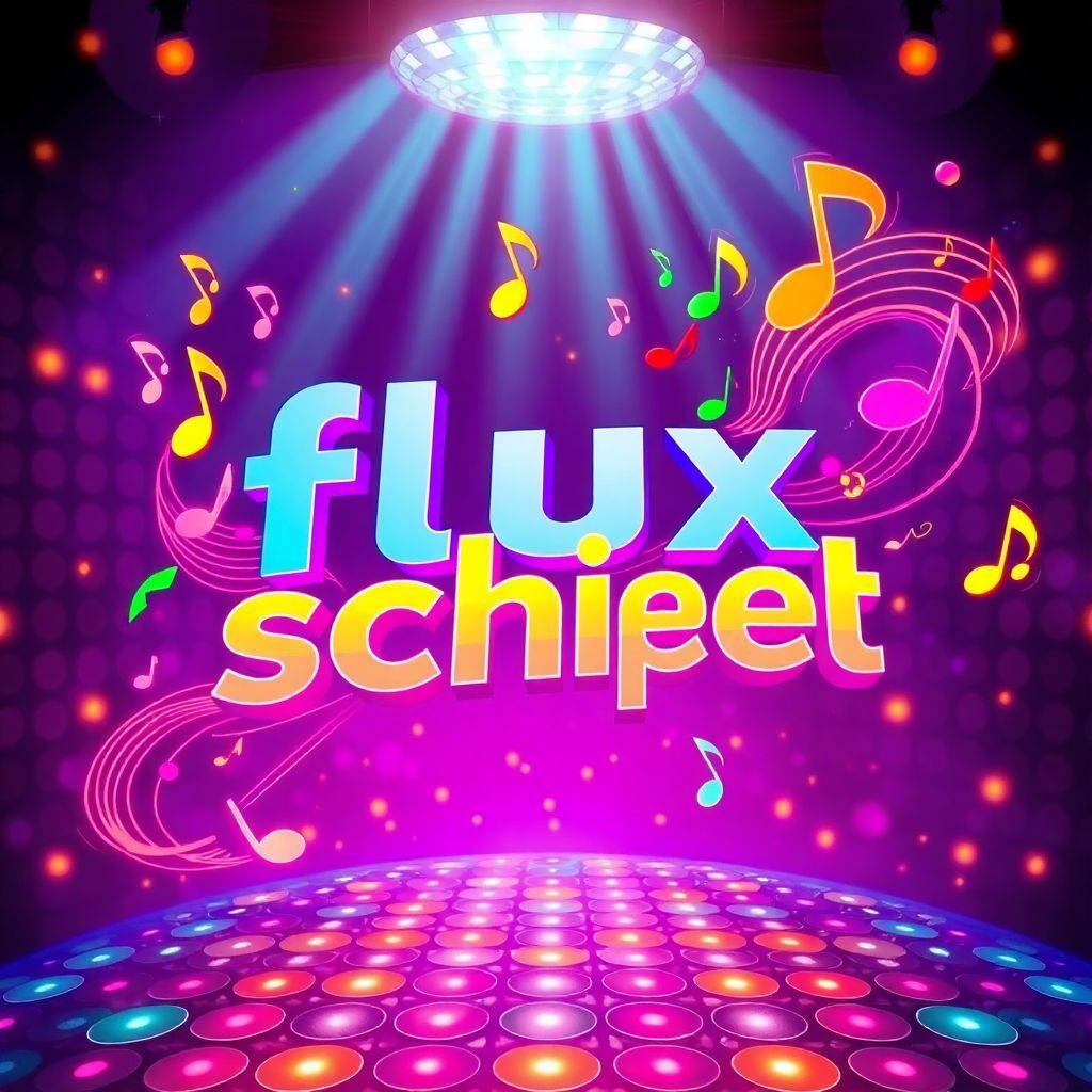Funk AI Album Cover — A vibrant funk album cover featuring colorful musical notes swirling around the title "flux schnell" in bold, playful typography; psychedelic patterns in the background with disco lights, rich purples and oranges, cinematic lighting, highly detailed, 8k resolution, energetic and uplifting atmosphere