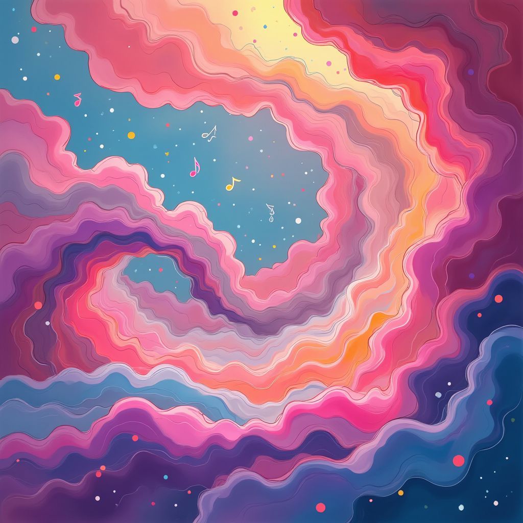 Dance AI Album Cover — A whimsical dance album cover featuring a vibrant, swirling abstract pattern representing movement, neon colors of pink, blue, and yellow blending together, with musical notes dancing through the air; ethereal lighting and a lively atmosphere, highly detailed and surreal style, 8k resolution