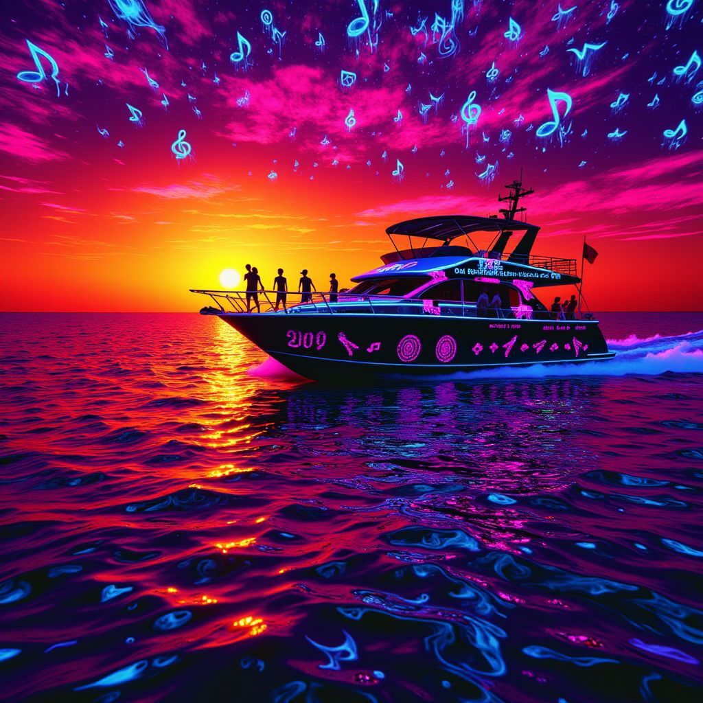 Disco AI Album Cover — A vibrant disco-themed album cover depicting a pleasure boat cruising on an ocean at sunset, surrounded by abstract musical notes and dancing silhouettes, psychedelic colors with neon highlights, highly detailed with rhythmic patterns and glowing light effects, evoking a sense of freedom and euphoria, 8k resolution