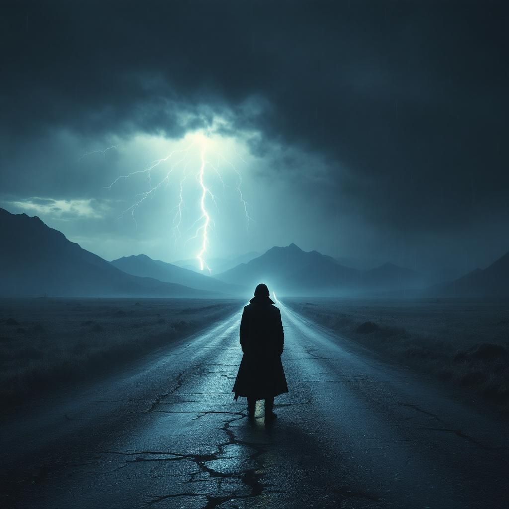 Metal AI Album Cover — A moody metal album cover featuring a lone figure standing at a crossroads under a stormy sky; intricate details of broken roads and distant mountains, cinematic lighting with dark blues and grays, ethereal atmosphere, highly detailed, 8k resolution, emotional themes of journey and reflection.