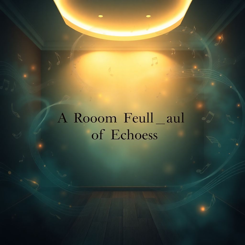 Jazz AI Album Cover — A dreamy jazz album cover featuring swirling echoes of musical notes enveloping a softly lit room, with the title "A Room Full of Echoes" elegantly integrated into the design; ethereal atmosphere, moody lighting, rich blues and golds, highly detailed, photorealistic, 8k resolution
