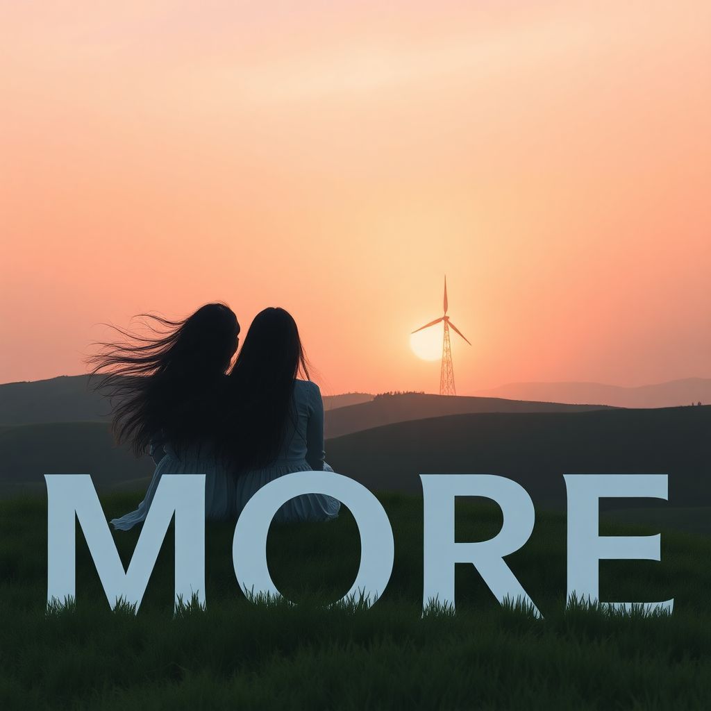Folk AI Album Cover — An artistic representation of 'MORE' as a prominent visual element; two serene figures with flowing hair sitting amidst lush green hills, an average windmill silhouette against an enchanting sunset, soft pastel colors, minimalist composition, moody atmosphere, sharp focus, high quality.
