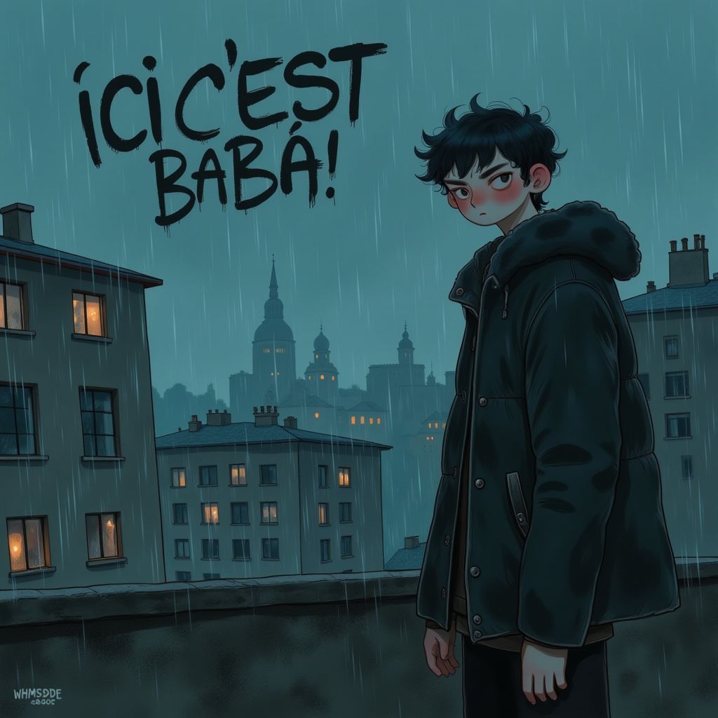 Rap AI Album Cover — A gritty urban night scene featuring a lonely young man in a black puffer jacket standing on a rooftop, surrounded by old apartment blocks; photorealistic style with moody blue-grey tones, rainy city lights in the background, deep shadows, dramatic lighting, authentic hood vibe, large aggressive graffiti typography "ICI C’EST MABØ" overhead, high detail, emotional and mysterious atmosphere, square album cover design, cinematic aesthetic, vibrant streetwear energy