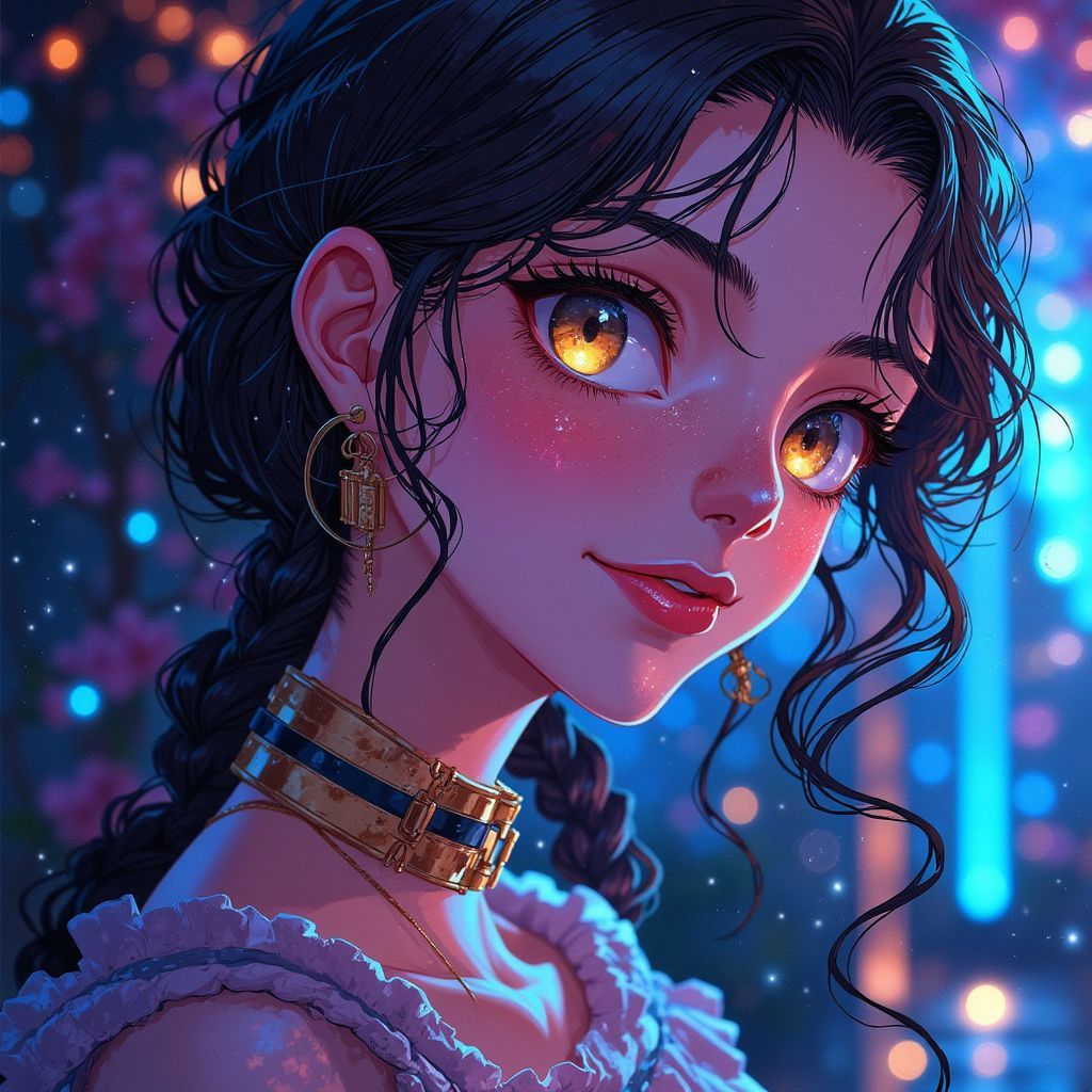 R&B AI Album Cover — A dreamy Ghibsky-style illustration featuring a young woman with an enigmatic smile, glowing eyes, and intricate body language; ethereal lighting, soft pastels combined with deep blue and gold accents, highlighting the emotional tension of the lyrics; highly detailed, 8k resolution, vibrant yet moody atmosphere