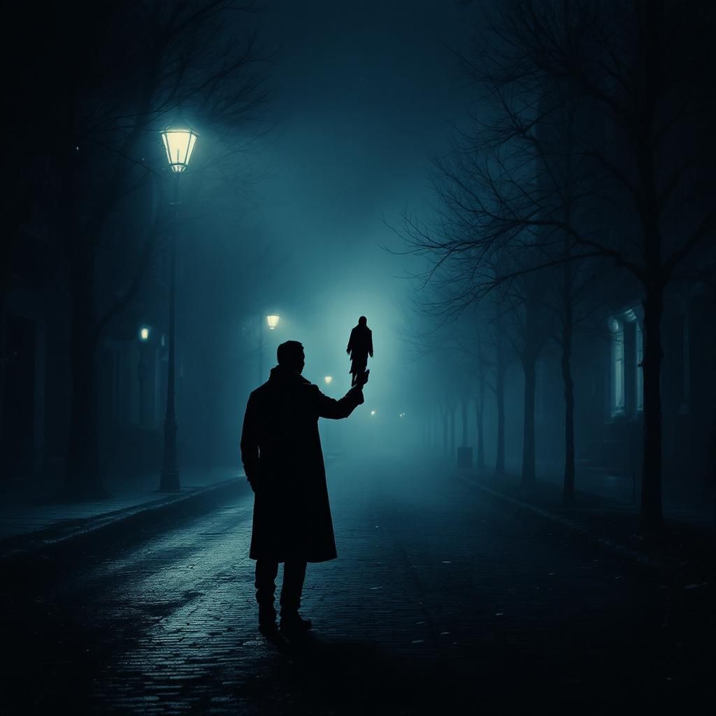 Alternative AI Album Cover — A moody, surreal album cover featuring a foggy street at night with dim streetlights casting shadows; a figure in a long coat stands in the foreground, holding a ghostly silhouette; ethereal lighting, deep blues and grays with hints of soft yellow, highly detailed, capturing the emotional essence of lost love, 8k resolution