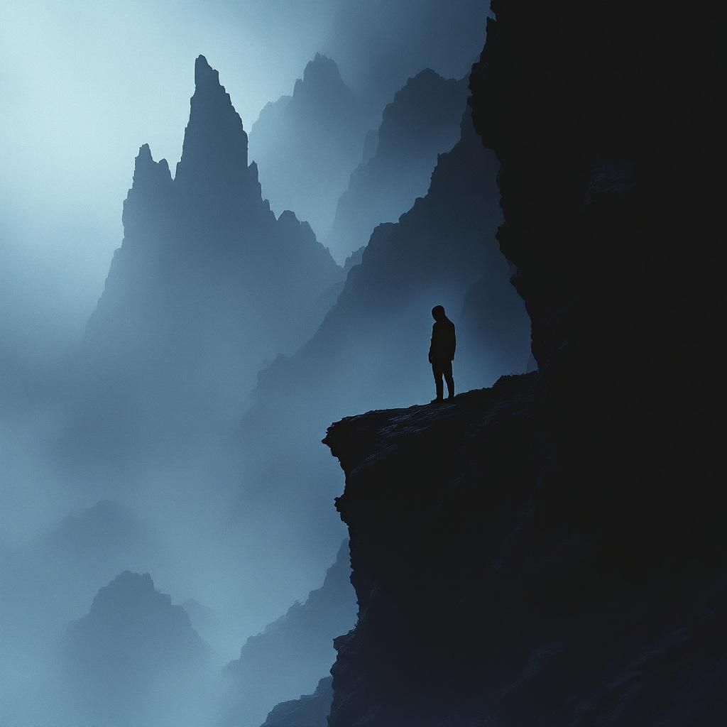 Rock AI Album Cover — A moody, surreal rock album cover featuring an abstract landscape with dark, looming mountains and a shadowy figure standing on the edge of a cliff; ethereal lighting with a foggy atmosphere, muted color palette of deep blues and blacks, highly detailed, 8k resolution, captures themes of introspection and resistance.