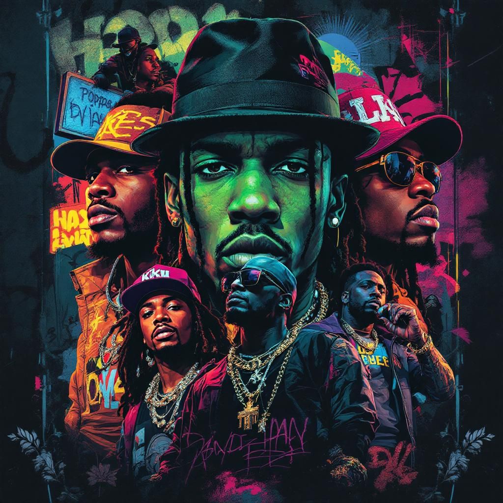 Hip-Hop AI Album Cover — An old-school hip-hop mixtape cover featuring iconic artists like Vybz Kartel, Mavado, Busy Signal, Popcaan, Konshens, and Elephant Man, layered in a collage style reminiscent of 2010 aesthetics; moody lighting with vibrant colors, graffiti textures, and vinyl record elements; high-quality, highly detailed, capturing the spirit of dancehall culture, 8k resolution