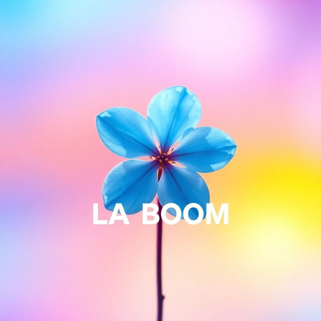 K-Pop AI Album Cover — A vibrant K-Pop album cover featuring a beautiful light blue blossom flower at the center, with the title "LA BOOM" artistically integrated into the design; surreal and dreamy aesthetic, bright and energetic lighting, colorful gradient background with hints of pink and yellow, highly detailed, 8k resolution, capturing the lively spirit of K-Pop.