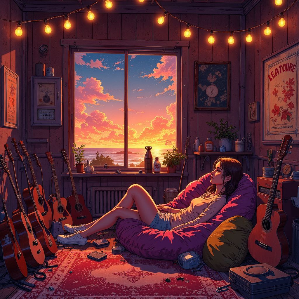 Lo-Fi AI Album Cover — A serene and dreamy illustration for a lo-fi album cover, featuring a cozy room with a person lounging on a bean bag, surrounded by guitars and soft glowing lights; warm, muted colors with a nostalgic and relaxed atmosphere, ethereal and highly detailed, 8k resolution