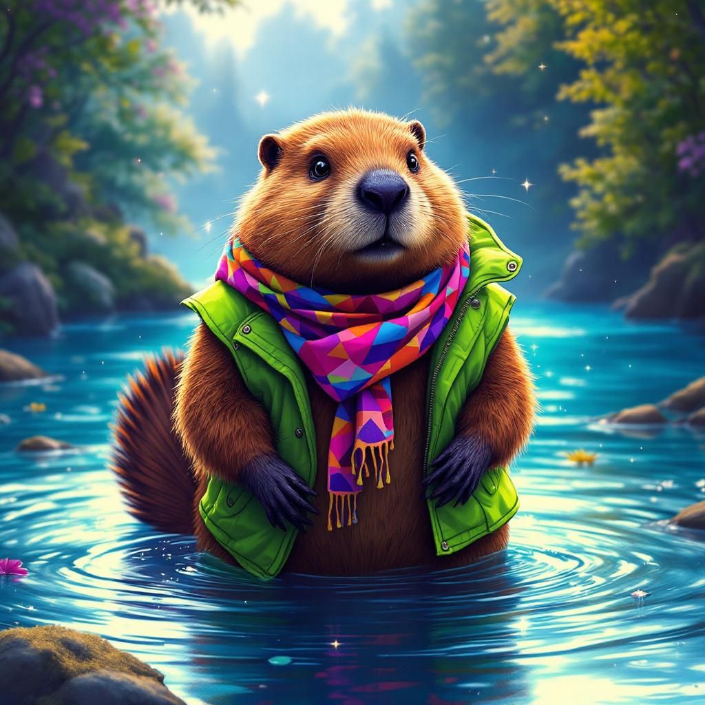 Synth-Pop AI Album Cover — A vibrant synth-pop album cover featuring an anthropomorphic beaver lounging by a sparkling river, highly detailed and photorealistic; psychedelic colors with shimmering blues and natural greens reflecting the playful energy of the song; cinematic lighting with a dreamy atmosphere, 8k resolution, inviting and energetic feel