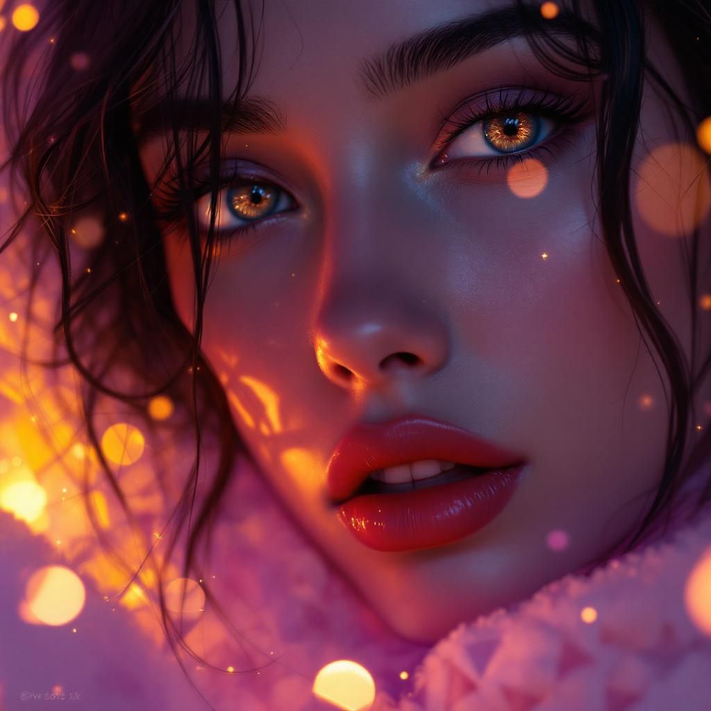 R&B AI Album Cover — A dreamy RnB album cover featuring a close-up of a woman's face with expressive eyes, capturing a mix of emotions; surreal lighting with warm tones and soft glows, abstract background with hints of geometric shapes and a gradient of rich purples and golds; highly detailed, 8k quality, intimate atmosphere, reflecting themes of love and body language.