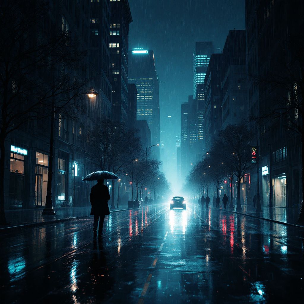 Grunge AI Album Cover — A moody, rainy street scene, reflections in puddles, grunge aesthetic, deep navy and charcoal colors, pervasive mist, photorealistic texture, 8k quality