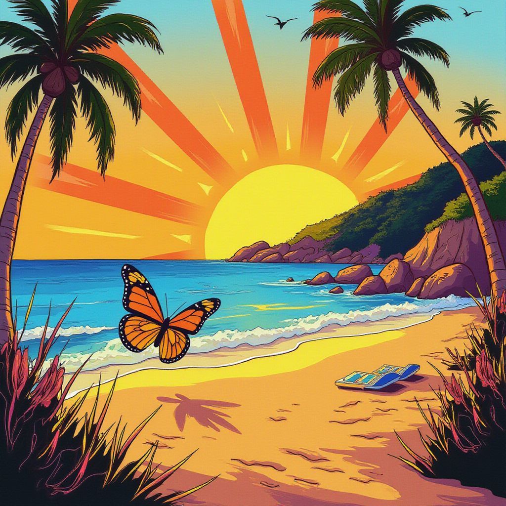 Rock AI Album Cover — A vibrant rock album cover featuring a sun-soaked beach with a butterfly hovering in the foreground, half illustrated in a hand-drawn style and half photorealistic; warm colors of orange and blue, ethereal lighting with soft shadows, creating a dreamy atmosphere, 8k resolution, full of life and energy