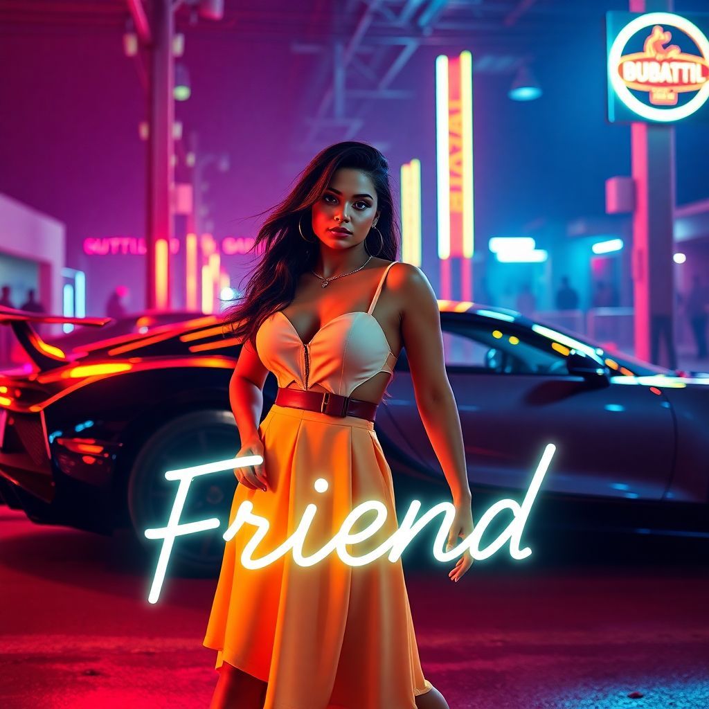 Dance AI Album Cover — A photorealistic, dynamic album cover featuring a young, stylish woman next to a sleek Bugatti sports car under bright neon lights; the title "Friend" elegantly integrated into the scene, vibrant colors reflecting the energy of dance, cinematic lighting, high quality details, 8k resolution