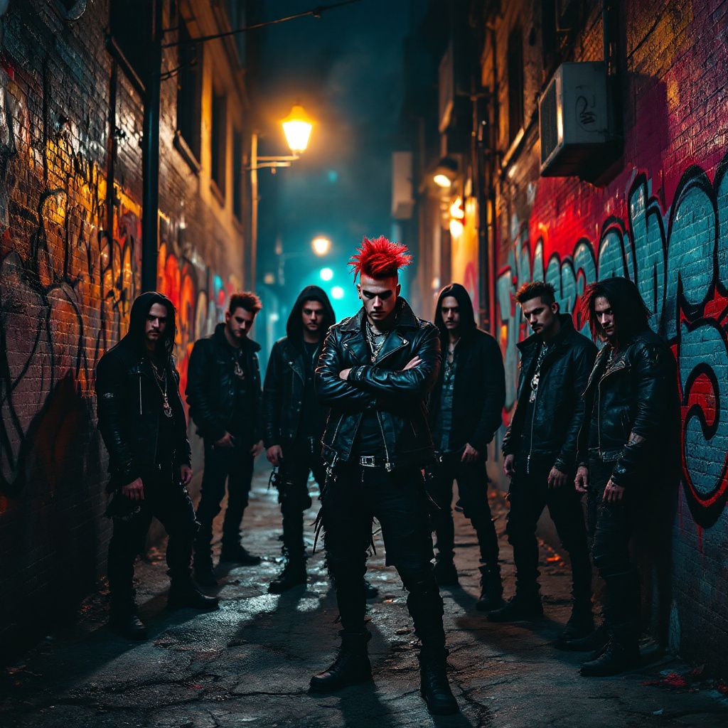 Punk AI Album Cover — Urban alley filled with punks, ripped clothes, intense expressions, dynamic street art, overexposed lighting, sharp contrasts, monochrome with red accents, masterpiece quality