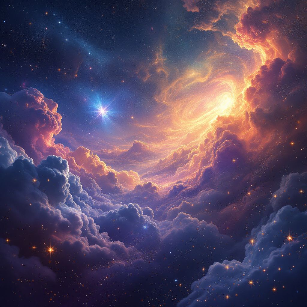 Meditation AI Album Cover — A celestial landscape with swirling galaxies and cosmic clouds, vibrant and psychedelic design, 8k resolution, prismatic lighting effects, a spectrum of colors, intricate and awe-inspiring