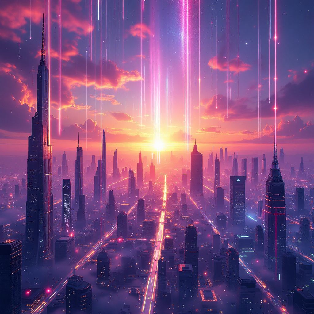 Synth-Pop AI Album Cover — Futuristic skyline with a digital sun rising, surreal style, luminous light trails, ethereal atmosphere, in purple, orange, and teal, masterpiece quality, 8k resolution
