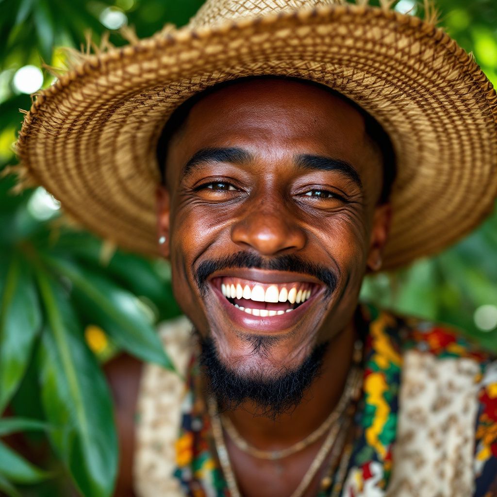 Reggae AI Album Cover — Portrait of a grinning reggae singer with a wide-brimmed hat, photorealistic style, expressive eyes, strong contrast, lush green background, vivid details, 8k quality.