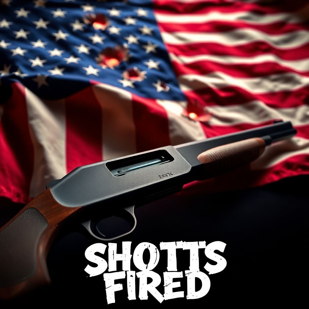 Rap AI Album Cover — An American flag with bullet holes in it, central focus on the flag with vibrant colors, dramatic lighting highlighting the textures of the fabric; a shotgun in the foreground, emphasizing a rap theme, cinematic mood, intense and emotional atmosphere, highly detailed, 8k resolution; text integrated artfully saying 'Shots Fired' in bold graffiti-style font.