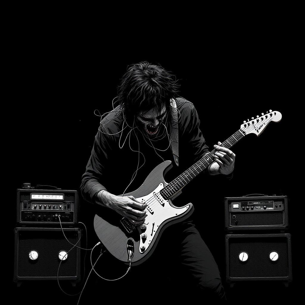 Indie AI Album Cover — A minimalist illustration of a lone figure in agony while playing guitar, countless cables intertwining from his body to vintage guitar amplifiers, set against a stark black background; highly detailed outlines and shadows, ethereal lighting with high contrast monochrome, 8k resolution, emotional and immersive atmosphere, professional quality