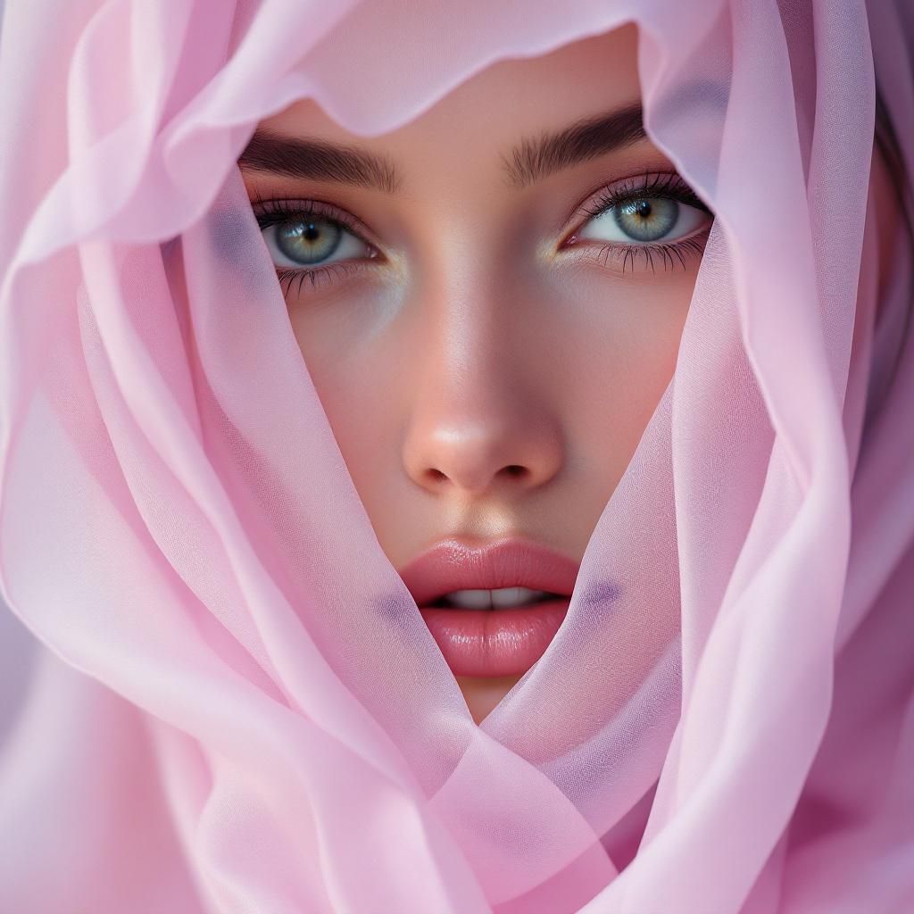 R&B AI Album Cover — A dreamy, ethereal album cover featuring a close-up of a female face partially obscured by flowing fabric, embodying the allure of 'Gabriela'; soft lighting, pastel colors such as pink and lavender, subtle reflections, and shimmering textures, capturing the essence of R&B romance, highly detailed, 8k resolution