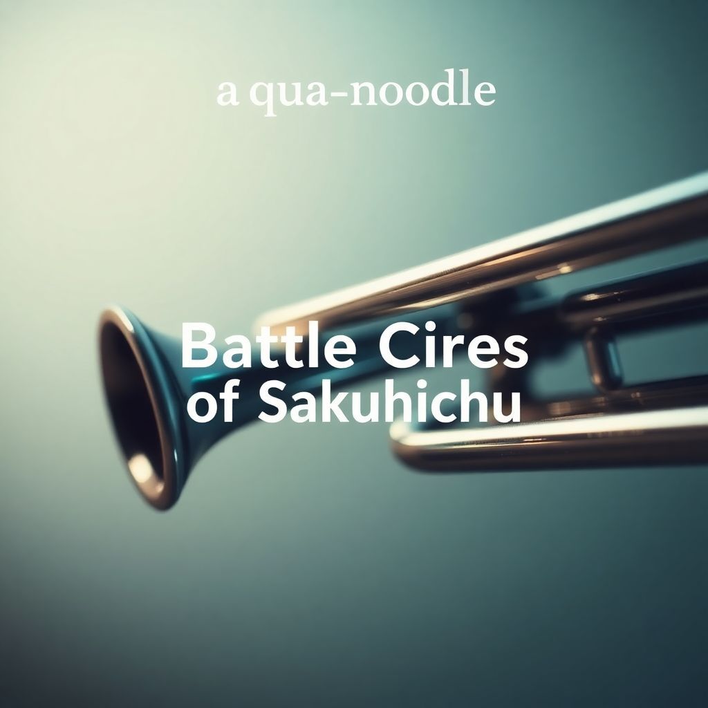 Jazz AI Album Cover — A minimalist jazz-inspired album cover with a close-up of a shimmering trumpet against a smooth gradient background; the title "Battle Cries of Sakuhichu" artistically integrated within the brass reflections; soft, ethereal lighting, cool and warm tones blending seamlessly, high quality, sharp focus, dreamlike quality with an abstract twist